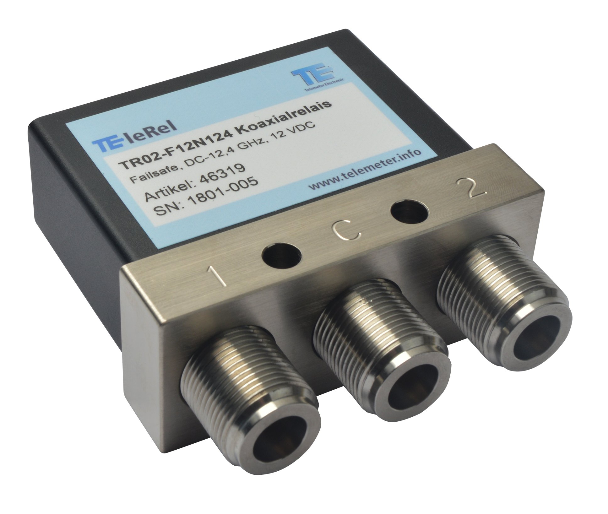 TR02-F28N124 TEleRel Coaxial Switch
SPDT, Failsafe, 28 VDC, Nf, 12 GHz
Connectors N,