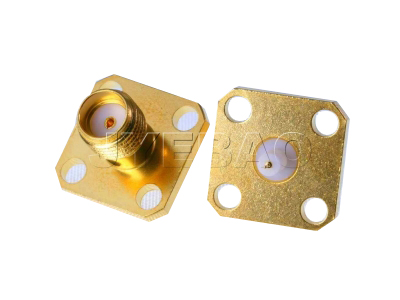 SMA female SQ 12.7mm 4 hole flange with
round contact (Ø=0.3;L=1.5) PTFE L=3.2
18GHz VSWR1.2, Jyebao SMA864NSG-0032