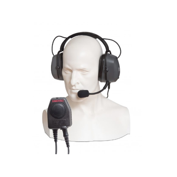 Double ear-cup ear defender headset
with headband, c/w PTT-E/DT9