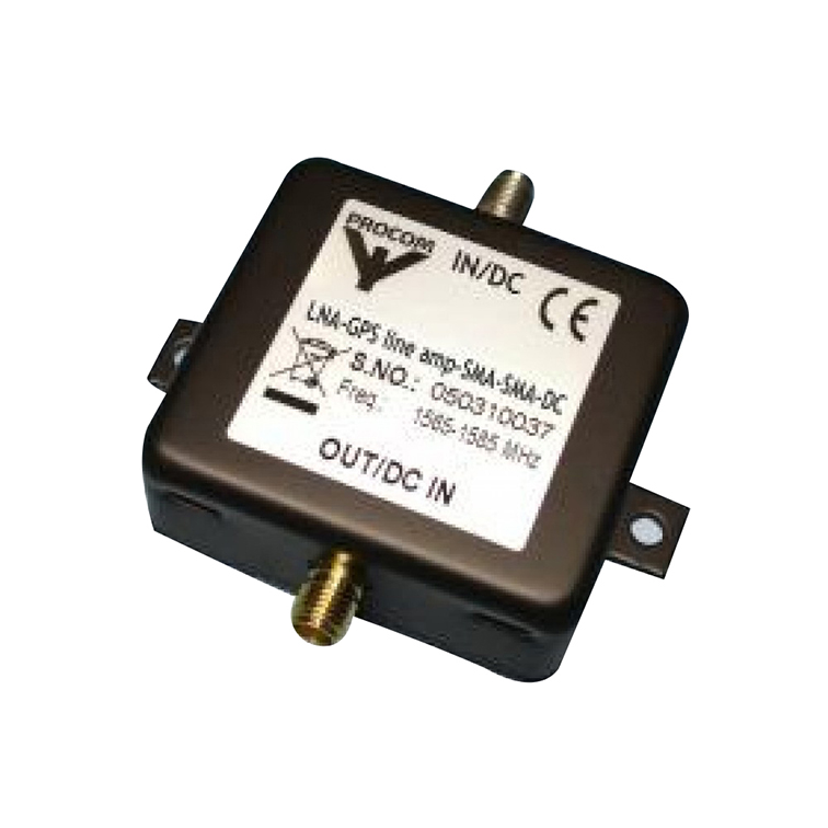 LNA-GPS line amp-SMA-SMA-DC
Preamplifier for the 1575 MHz GPS band
DC path between output and input